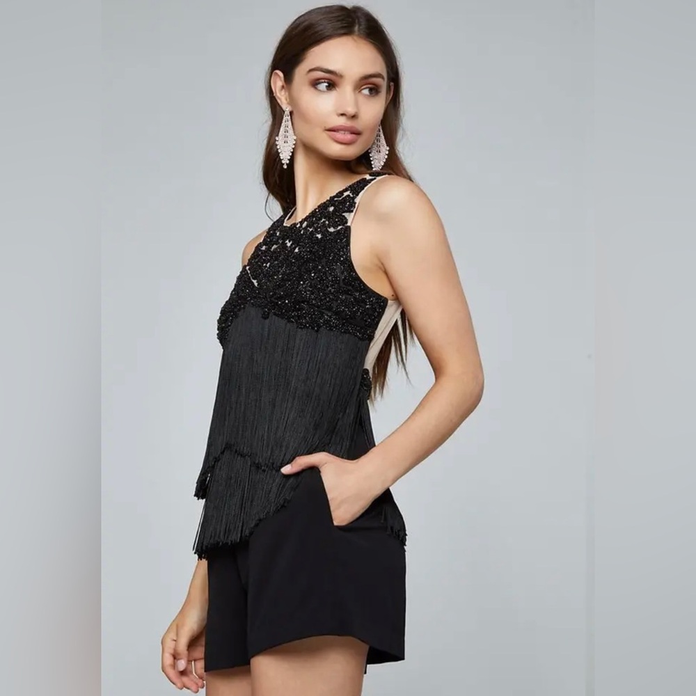 💋 BEBE TIERED FRINGE EMBELLISHED SHEER MINI ROMPER 12 💋